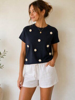 MANGO Black Floral Appliqué Tee | Minimal Chic Top